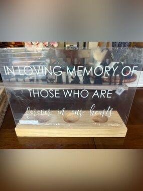 Acrylic Memorial Sign with Wood Base - Clear with White Lettering